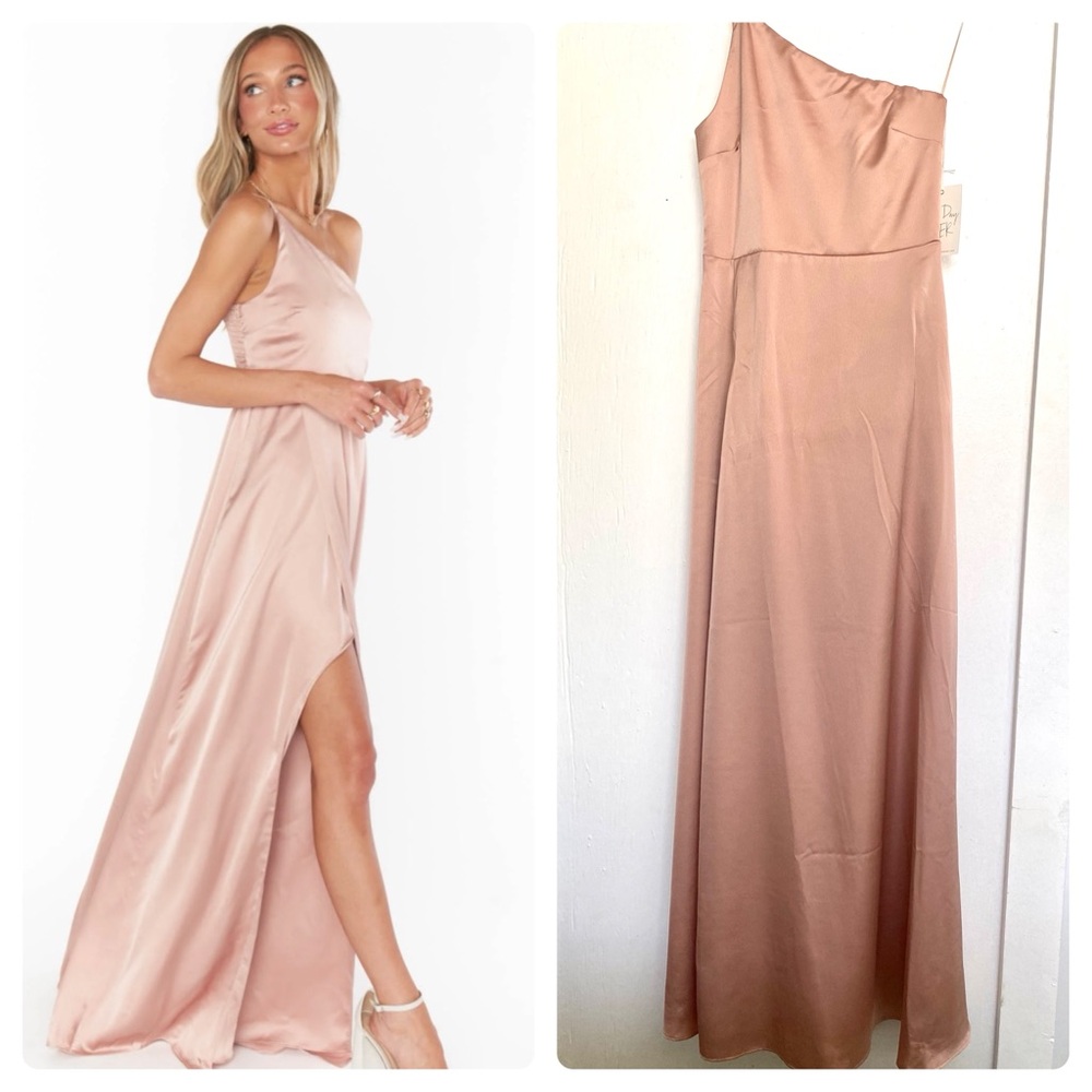Show Me Your MuMu Asymmetrical  Rose Gold Luxe Satin Gown